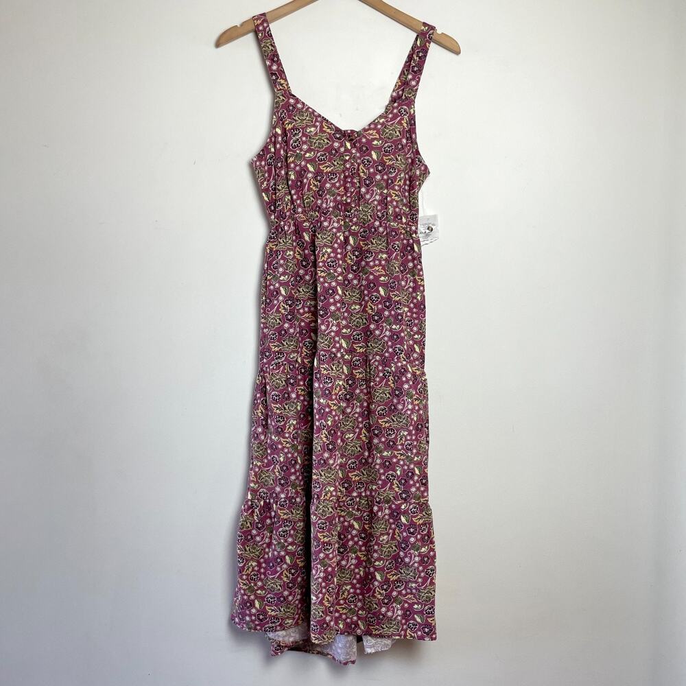 Floral Midi Sun Dress XS Linen Blend Burgundy Boho Cottage Romantic NWT